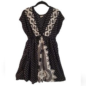 Advanced Apparel Black White High‎ Waist V-Neck Batik Linen Pullover Dress Small